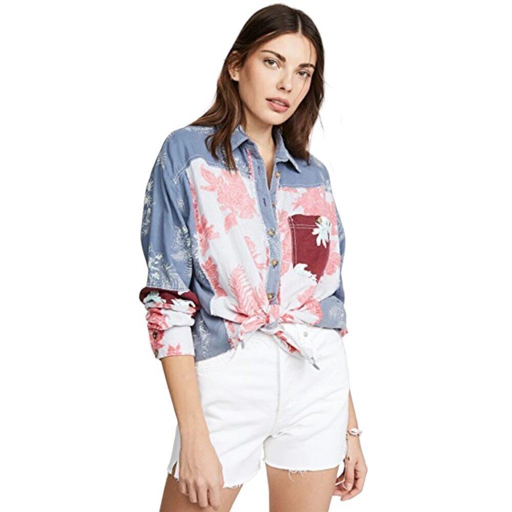 Free People We The Free Chambray Combo Linen Patch Work Button Down Shirt XS